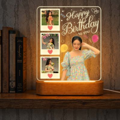 Personalized Happy Birthday Gift for Girlfriend, Wife, Best Friend, Daughter & Sister Bedroom Decor Table Lamp with Wood Stand